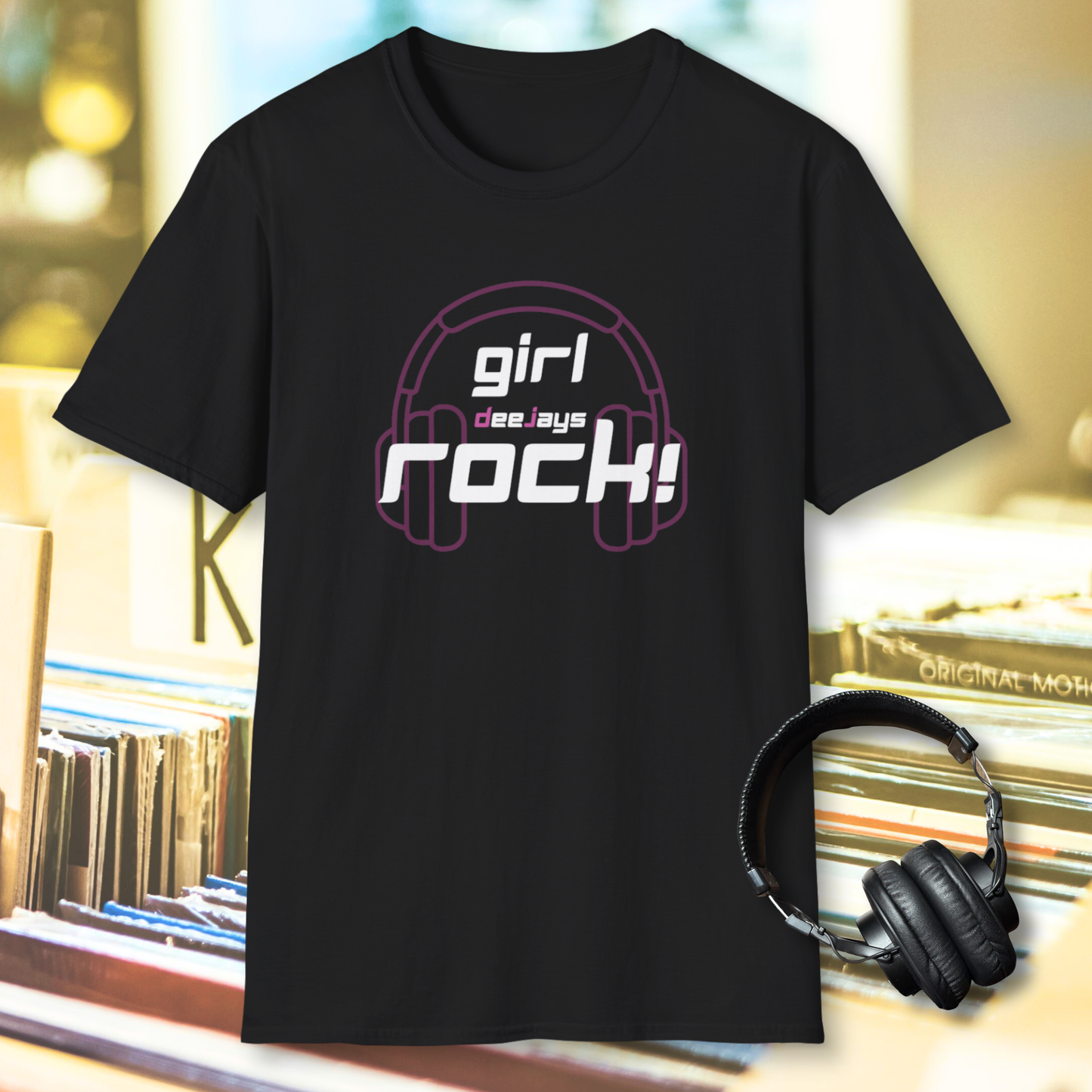 Girl DeeJays Rock! Pink Headphones T-Shirt